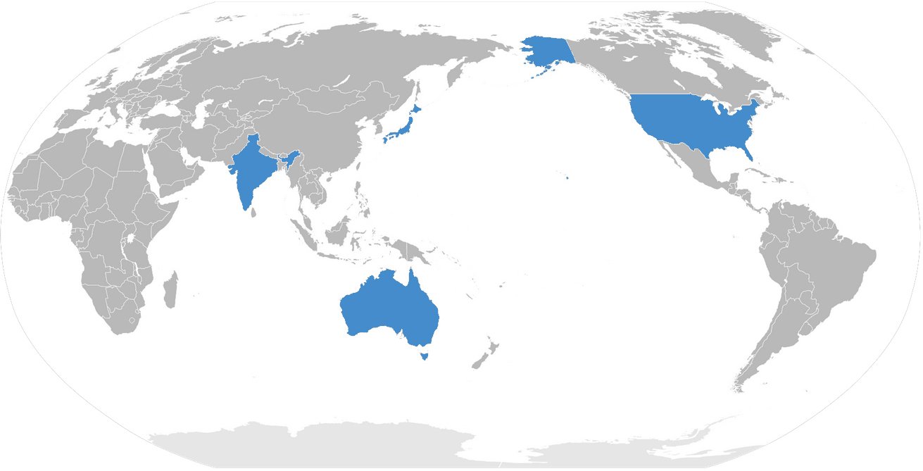 Quad countries shown in blue color